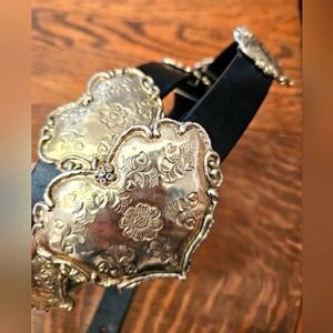 NWT Sterling Silver Hearts Concho Western Cowboy Black Leather Belt